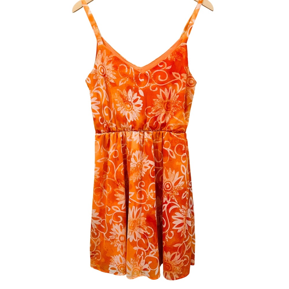 Orange Floral Sunburst Dress V-Neck Spaghetti Strap Beach Mini Sundress- M